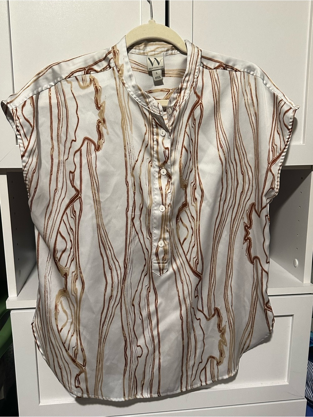 Worthington Cream Tan Abstract Stripe Button Front Blouse Size S